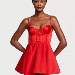 Red Satin Chemise with Sweetheart Neckline and Bow Detail